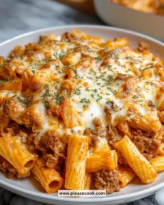 Creamy Beef Rigatoni Cheese Bake topped with melted cheese and herbs.