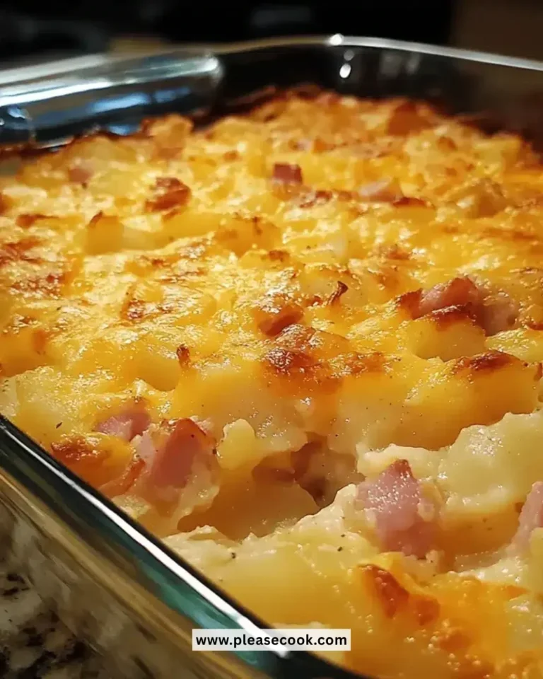 Delicious Cheesy Ham Potato Casserole topped with melted cheese and crispy breadcrumbs