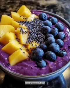 Delicious mango blueberry smoothie bowl topped with fresh fruits and nuts