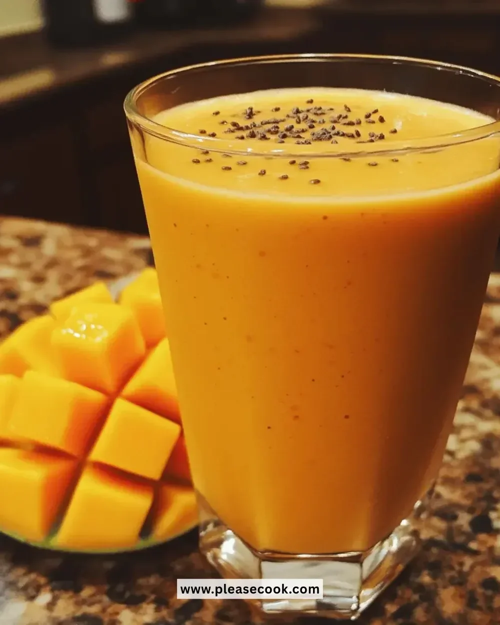 A refreshing papaya mango smoothie in a glass, showcasing tropical ingredients.