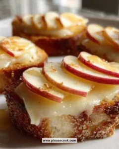 Brie Apple Crostini topped with fresh apple slices and herbs on a wooden board.