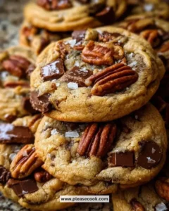 Brown butter bourbon pecan chocolate chunk cookies on a plate