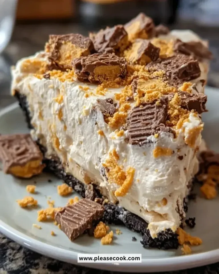 Delicious Butterfinger Peanut Butter Pie garnished with chocolate and Butterfinger pieces.