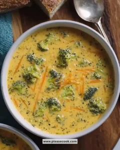 Bowl of cheesy broccoli cheddar soup made without cream, garnished with broccoli.
