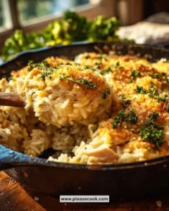 Cheesy Chicken and Rice Casserole topped with melted cheese
