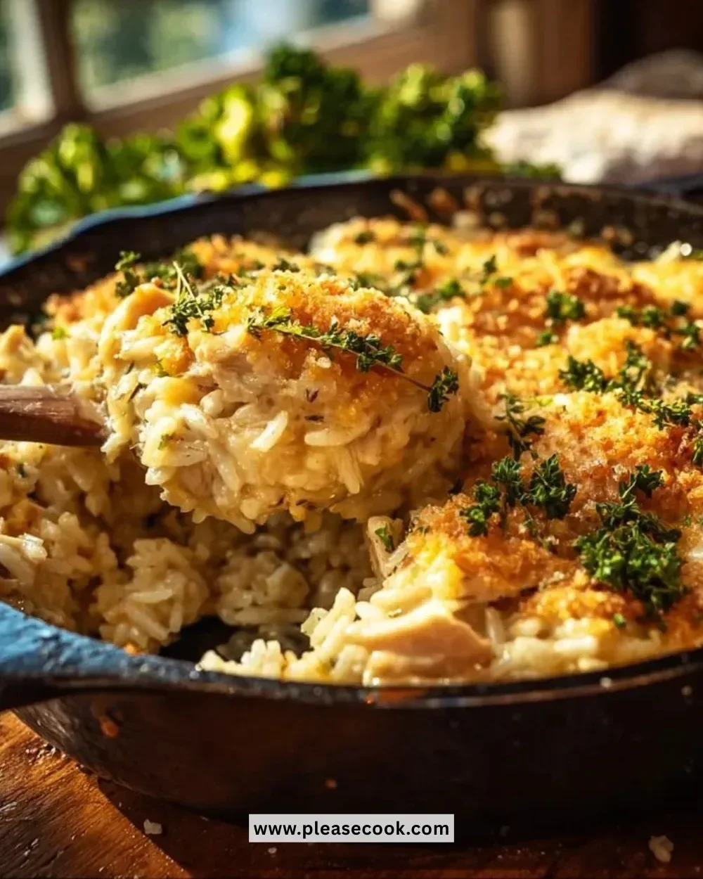 Cheesy Chicken and Rice Casserole topped with melted cheese