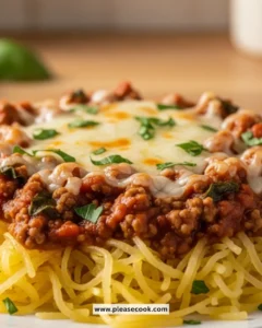 Cheesy Garlic and Herb Spaghetti Squash topped with Meat Sauce