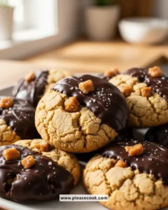 Delicious chocolate dipped toffee cookies on a plate