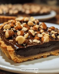 Delicious Chocolate Hazelnut Tart topped with chocolate and hazelnuts