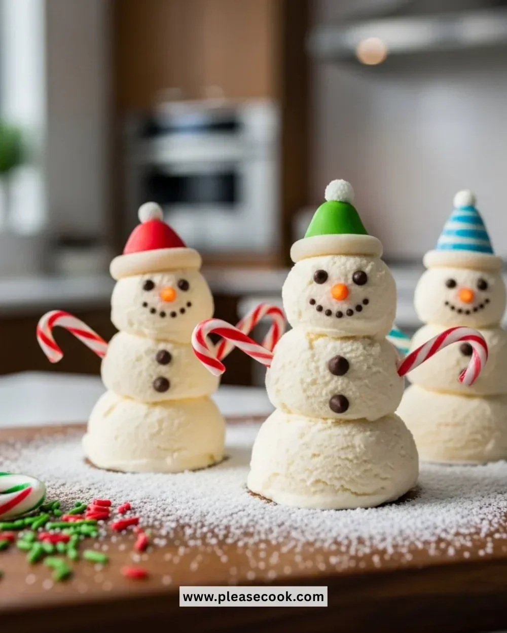 Christmas ice cream snowmen decorated with festive toppings.