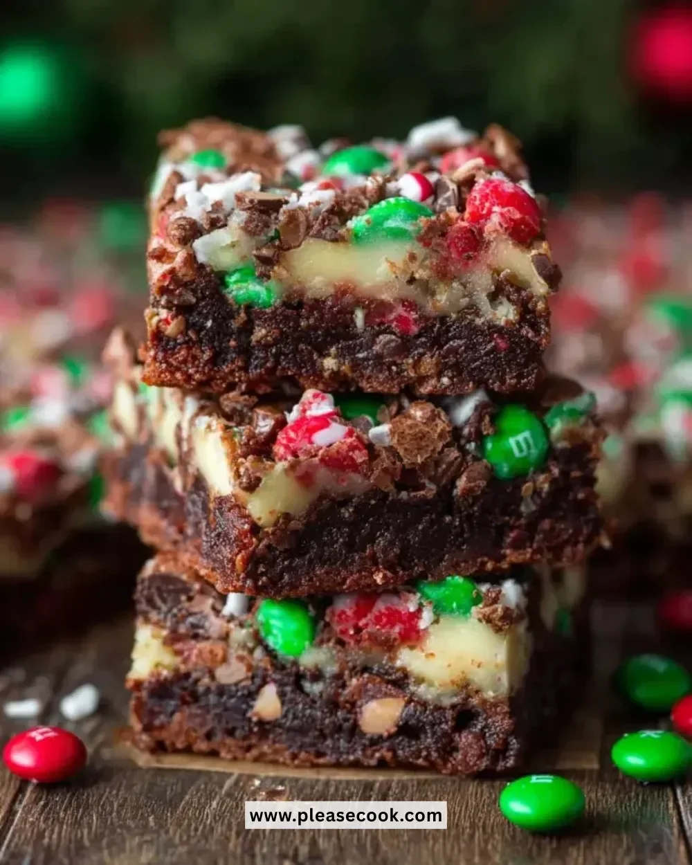 Delicious Christmas Magic Layer Brownie Bars topped with festive decorations.