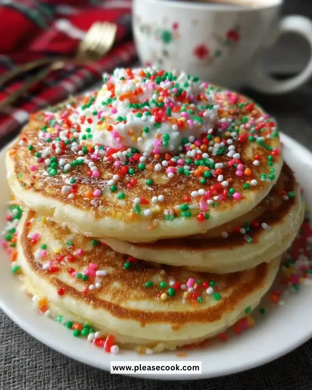 Delicious Christmas pancakes decorated with festive sprinkles for a joyful breakfast.
