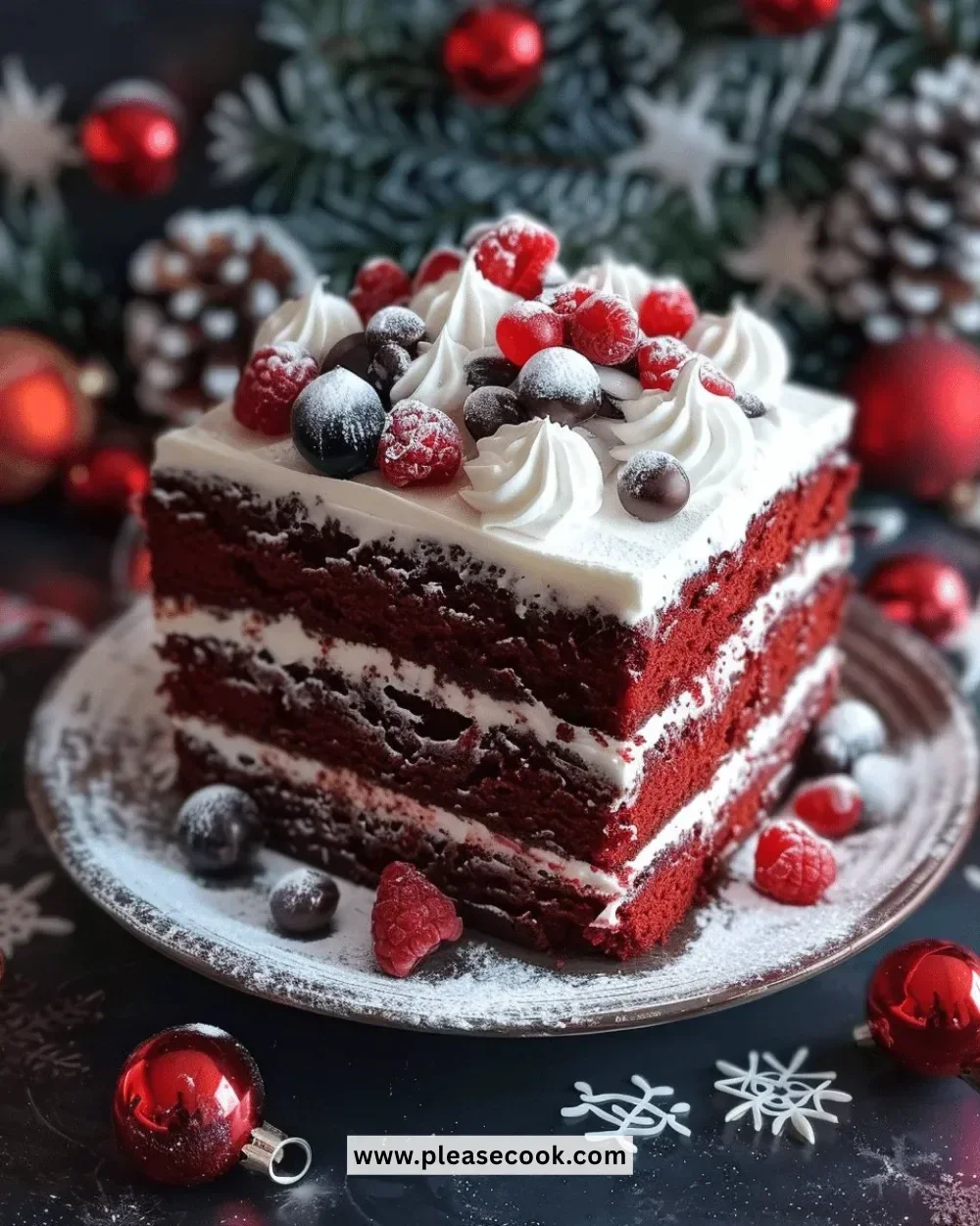Delicious Christmas Red Velvet Poke Cake with creamy filling and festive toppings