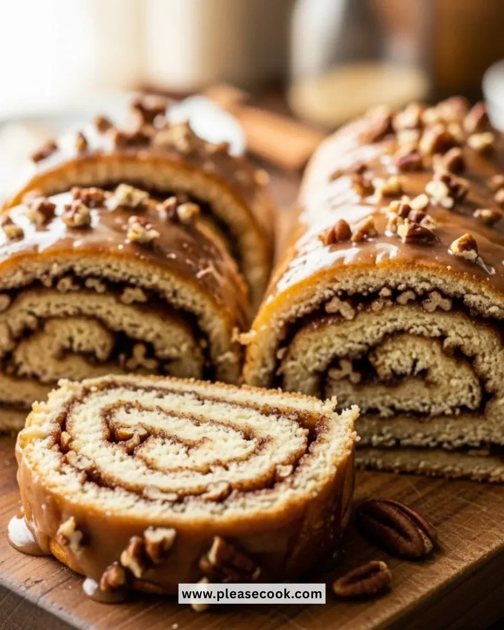 Delicious cinnamon maple pecan roulades with a sweet glaze and pecans