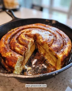 Delicious cinnamon roll pancake skillet served hot with icing and cinnamon.