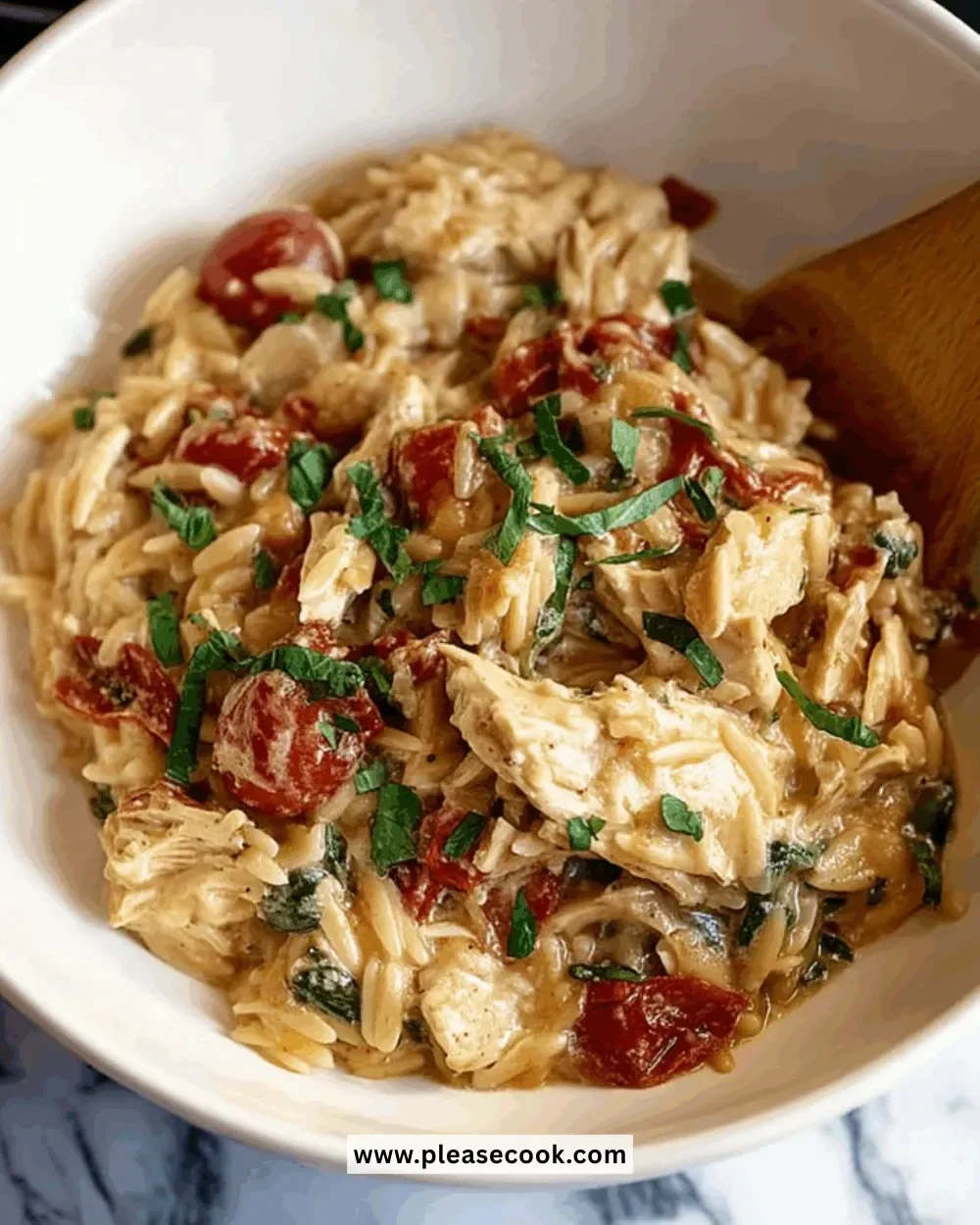 Delicious Crockpot Tuscan Chicken Orzo with fresh vegetables and herbs