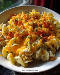 Classic Tuna Noodle Casserole baked in a dish with a golden topping