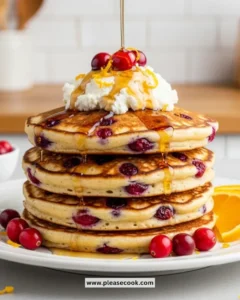 Plate of cranberry orange ricotta pancakes topped with fresh cranberries and syrup