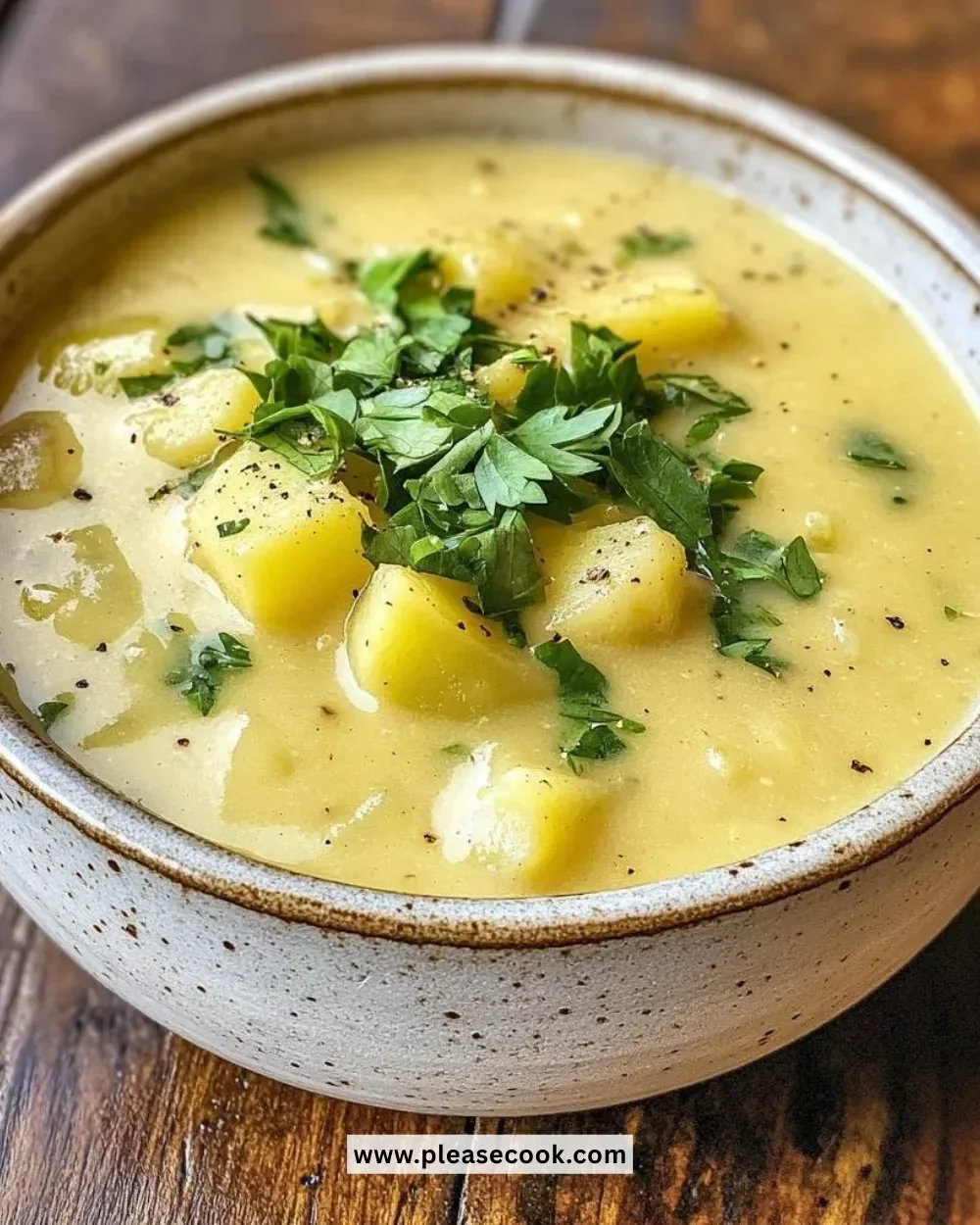 Bowl of creamy Peruvian potato soup topped with herbs and spices