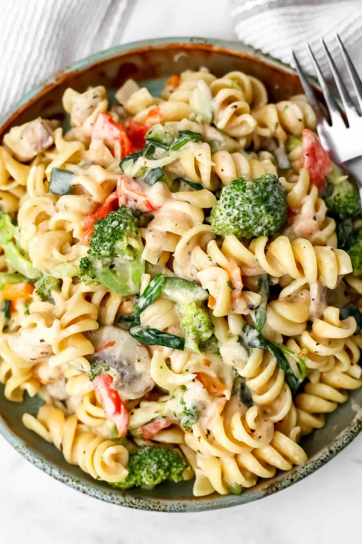Creamy veggie pasta dish with colorful veggies and a rich sauce