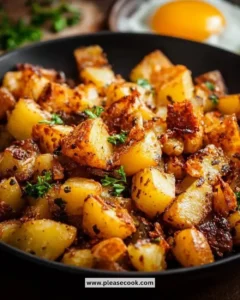 Crispy breakfast potatoes served in a bowl with herbs and spices.