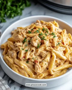 Crock Pot Creamy Cajun Chicken Pasta served in a bowl with herbs