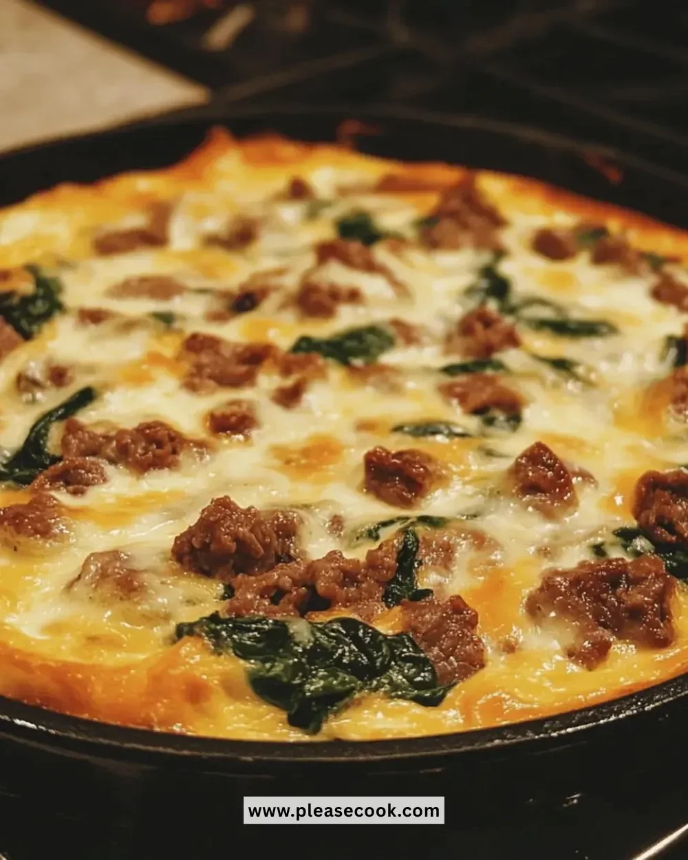 Easy cheesy beef spinach frittata served on a plate