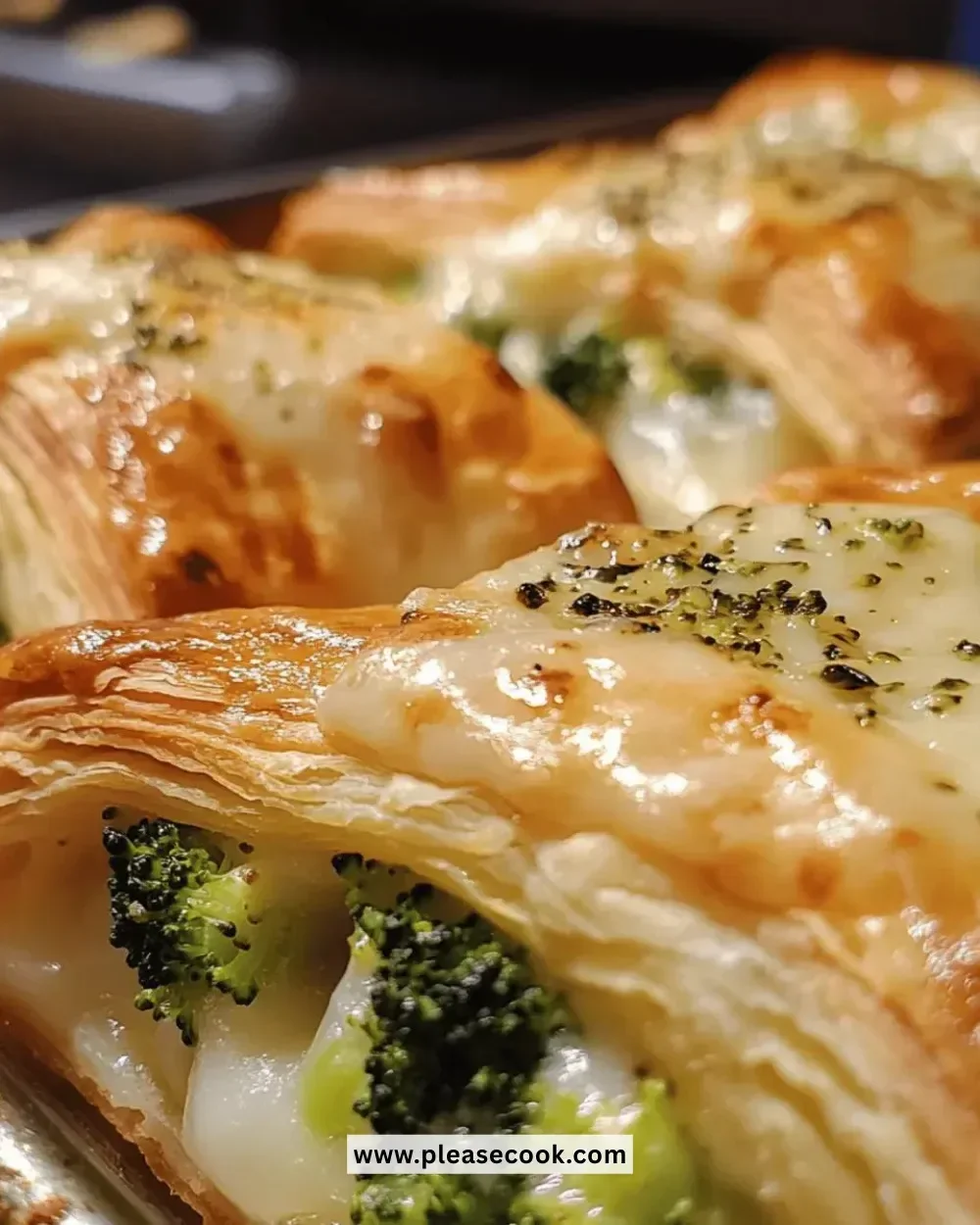 Cheesy broccoli puff pastry baked to golden perfection on a plate