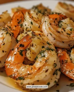 Baked garlic lemon herb roasted shrimp on a plate with fresh herbs.