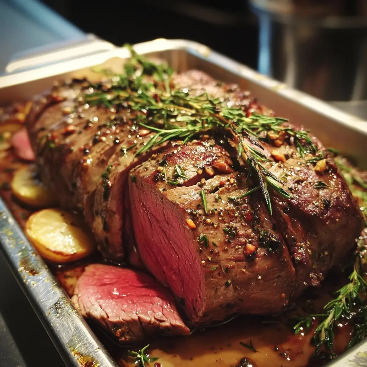 Herb roasted beef tenderloin served on a platter with fresh herbs.
