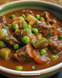 Delicious Instant Pot beef stew with peas and celery in a bowl