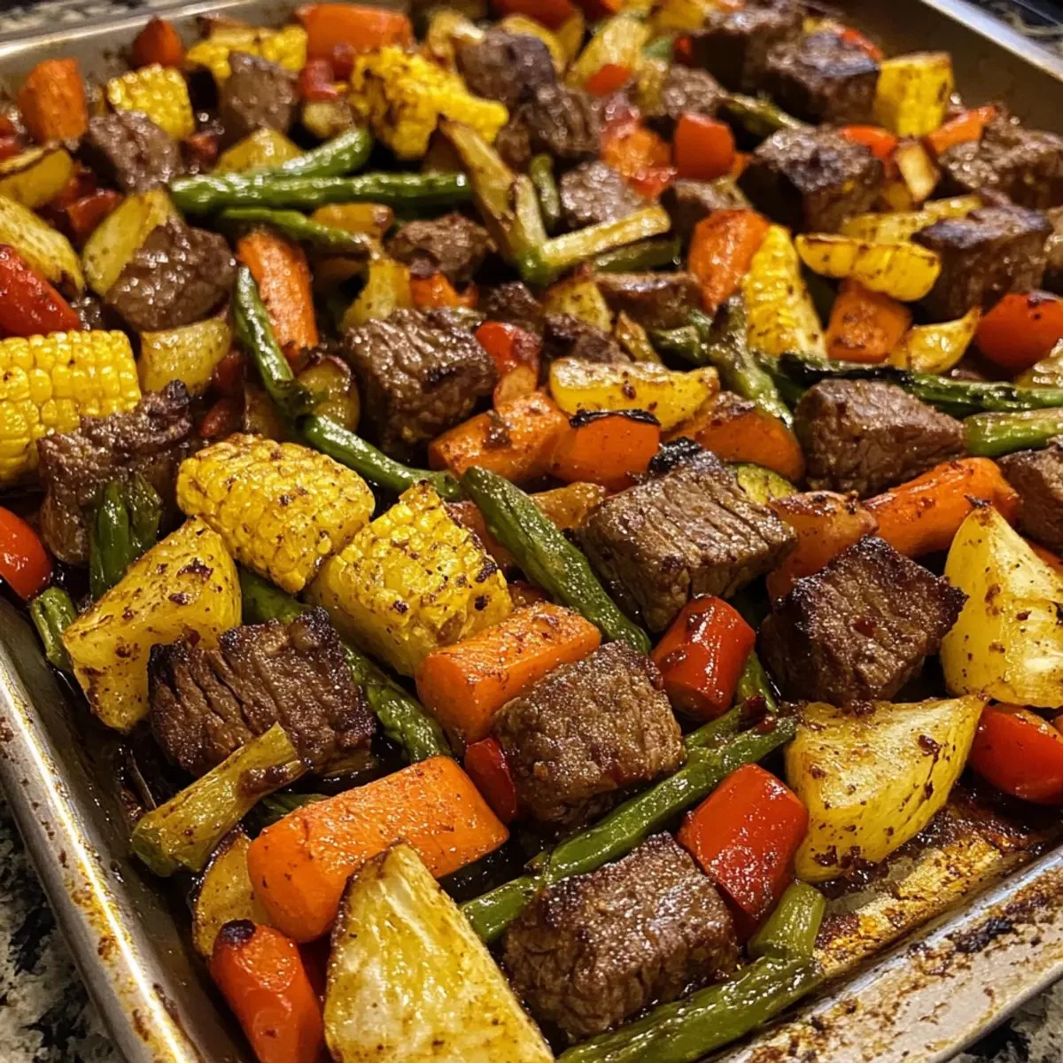 Easy juicy beef and veggie sheet pan dinner ready to serve