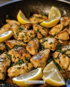 Skillet of juicy lemon herb chicken garnished with fresh herbs