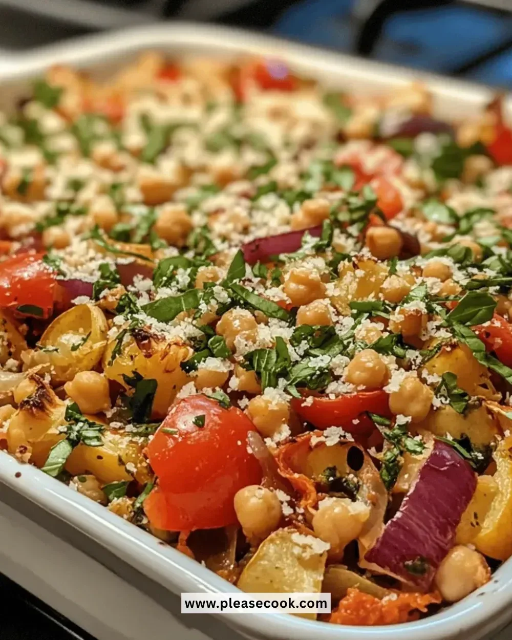 Delicious Mediterranean Veggie Bake fresh from the oven, packed with colorful vegetables.