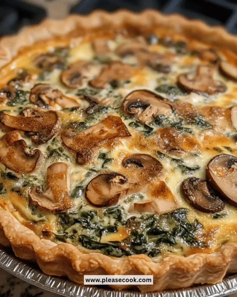 Easy mushroom spinach quiche served on a plate, garnished with herbs.