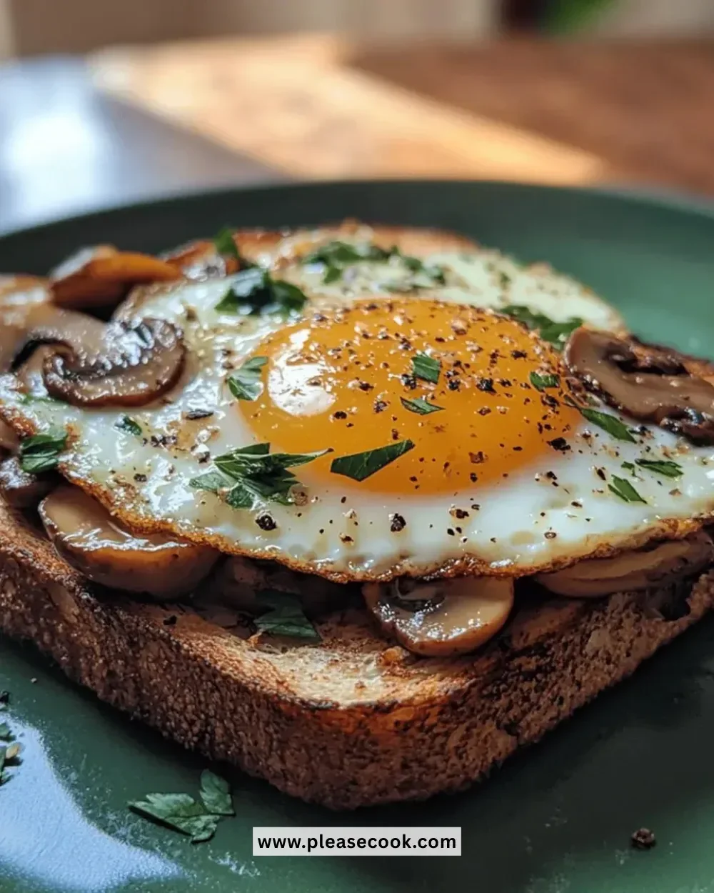 Savory mushroom egg toast topped with fresh herbs on a plate