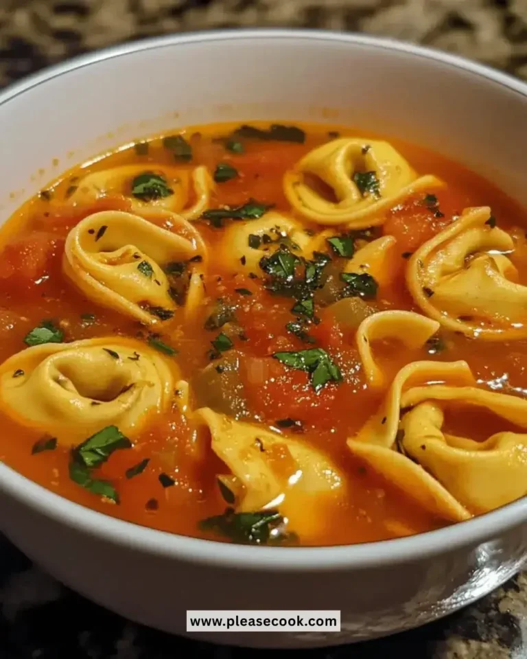 Bowl of easy Tomato Basil Tortellini Soup garnished with fresh basil