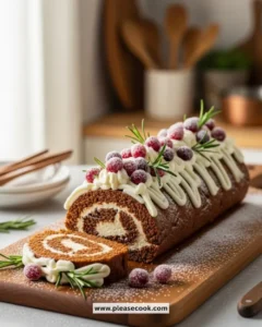 Delicious Gingerbread Christmas Log Cake decorated with icing and festive elements