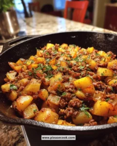 Delicious ground beef and potato hash served in a skillet