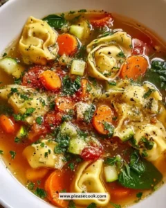 Bowl of healthy tortellini soup with vegetables and herbs