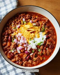A bowl of hearty Pioneer Woman Chili with toppings, showcasing its rich texture