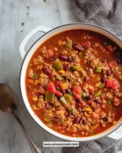 Bowl of hearty Turkey Vegetable Chili with colorful vegetables and spices