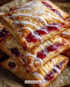 Delicious homemade cherry puff turnovers on a wooden table.