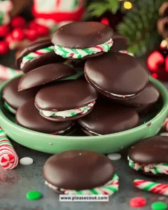 Homemade peppermint patties on a plate, a delicious chocolate treat.