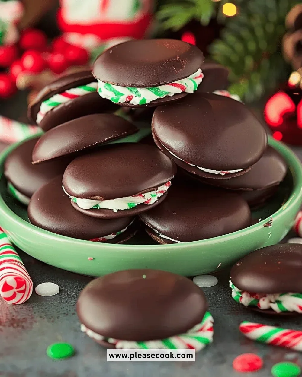 Homemade peppermint patties on a plate, a delicious chocolate treat.