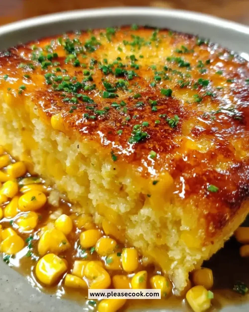 Delicious honey glazed corn casserole served in a baking dish.