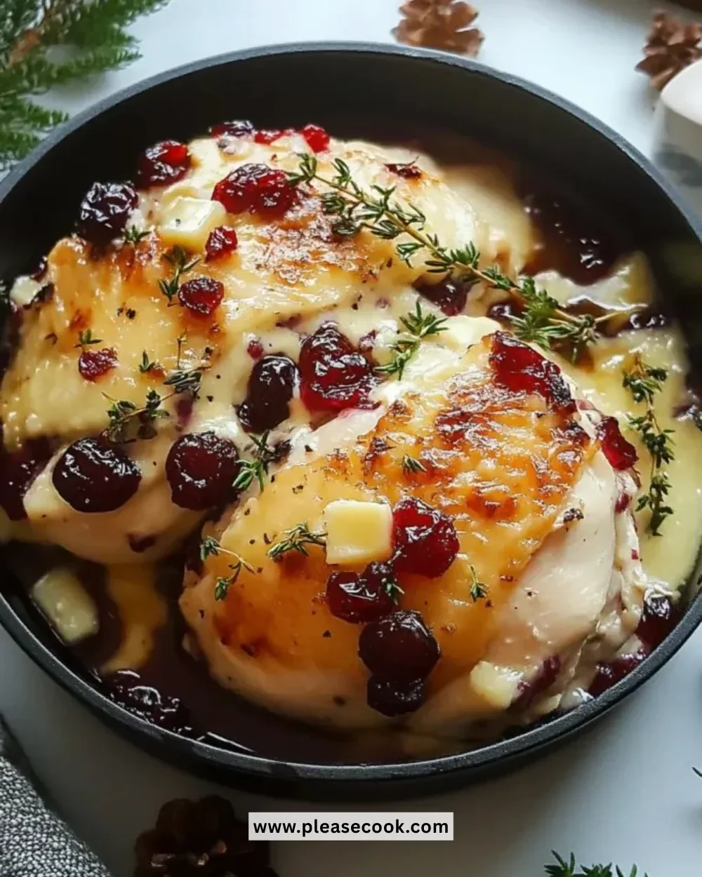 A delectable plate of Cranberry Brie Stuffed Chicken garnished with fresh herbs.