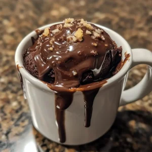 Delicious chocolate lava mug cake topped with molten chocolate sauce