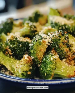 Garlic Parmesan Roasted Broccoli served on a plate with herbs