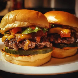 Plate of juicy beef sliders with fresh veggies
